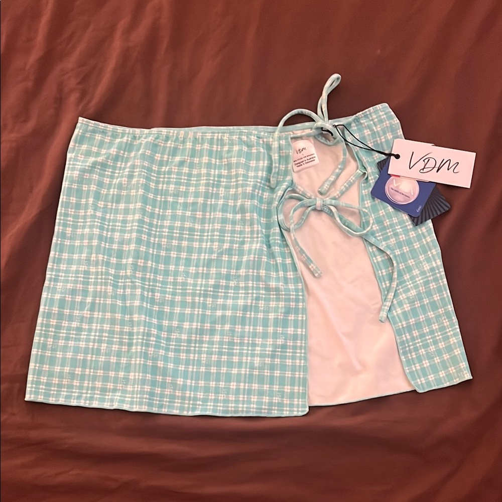 Revolve Blue Plaid Wrap swimwear Skirt